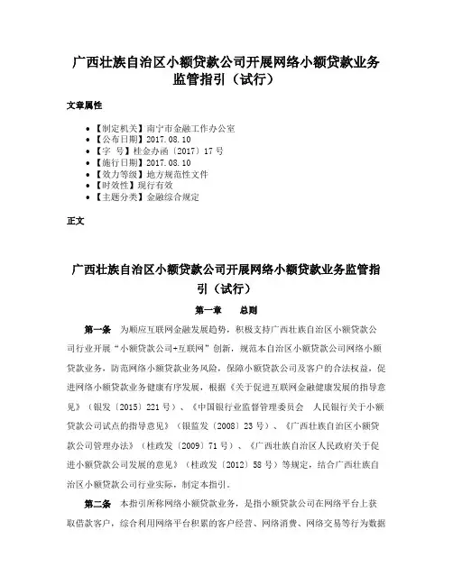 广西壮族自治区小额贷款公司开展网络小额贷款业务监管指引（试行）