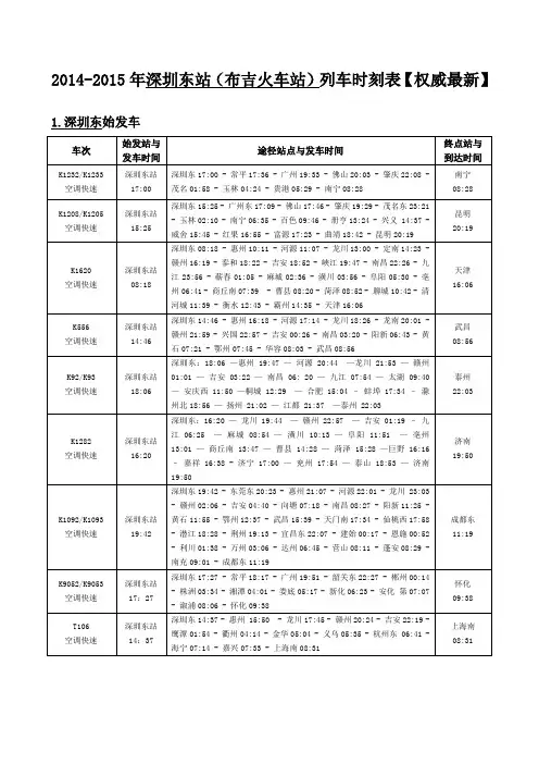 2014-2015年深圳东站(布吉火车站)列车时刻表【权威最新】