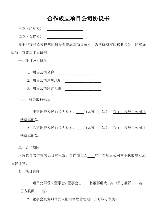 合作成立项目公司协议书