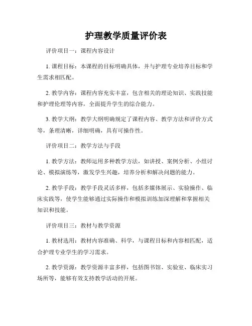 护理教学质量评价表