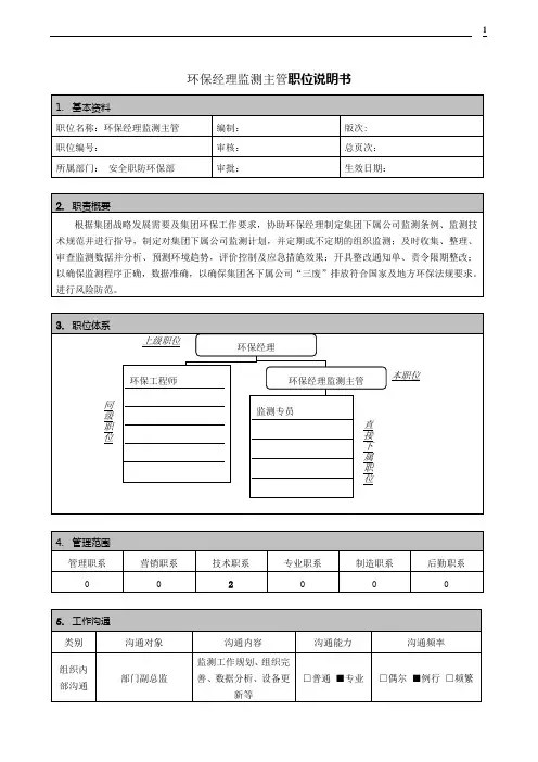 环保经理监测主管职位说明书