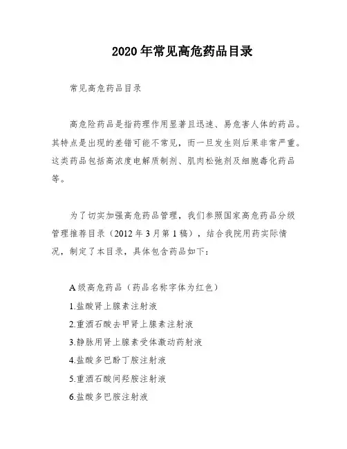2020年常见高危药品目录