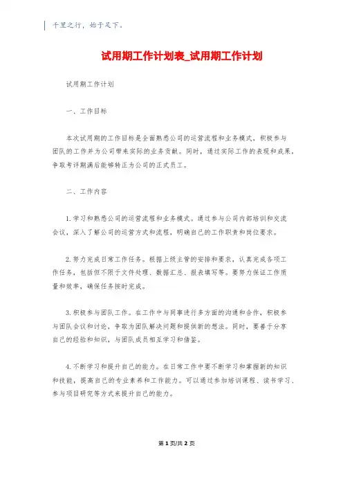 试用期工作计划表_试用期工作计划