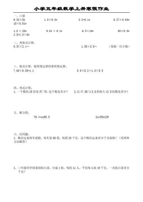小学五年级数学上册寒假作业天天练30套试题(可打印)