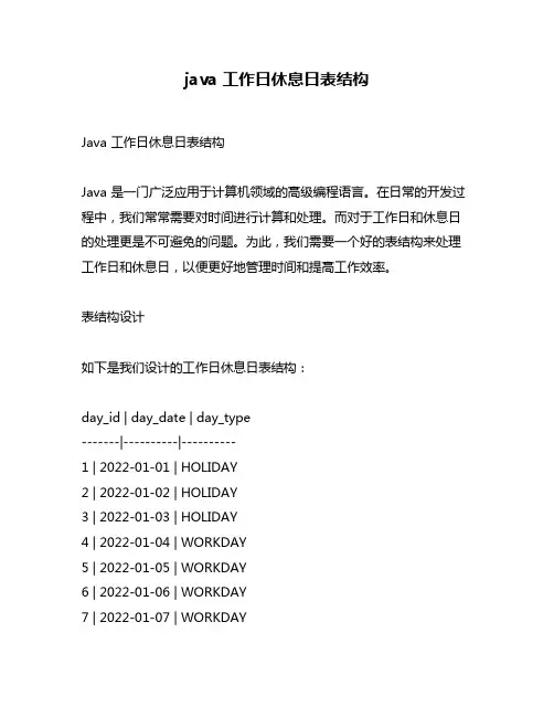 java 工作日休息日表结构