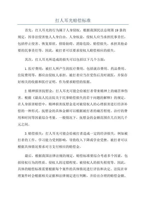 打人耳光赔偿标准