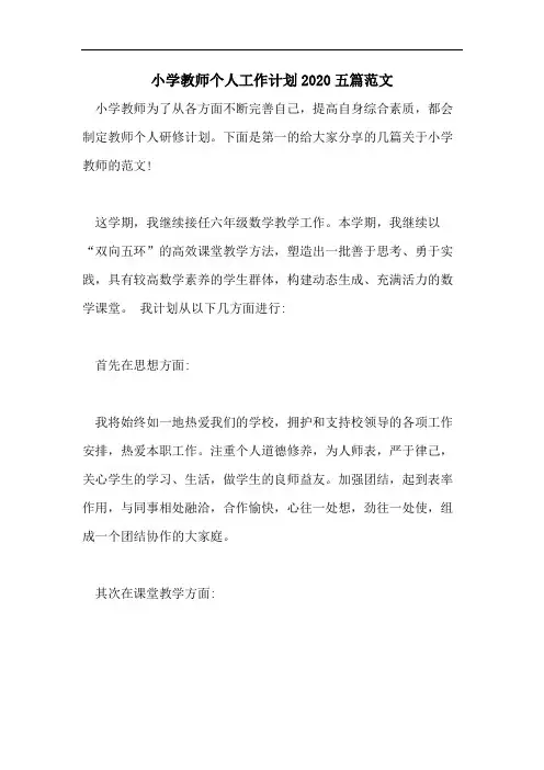 小学教师个人工作计划2020五篇范文