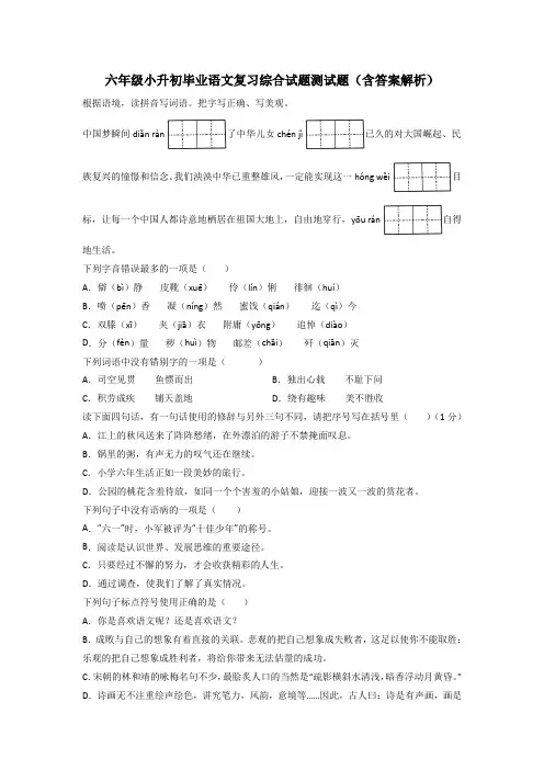 六年级小升初毕业语文复习综合试题测试题(含答案解析)