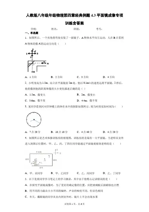 人教版八年级年级物理上册第四章经典例题4.3平面镜成像专项训练含答案