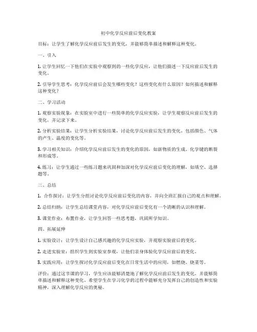 初中化学反应前后变化教案