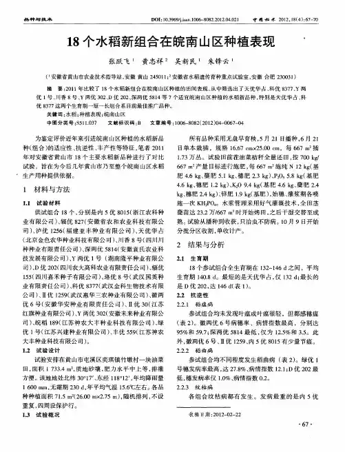 18个水稻新组合在皖南山区种植表现