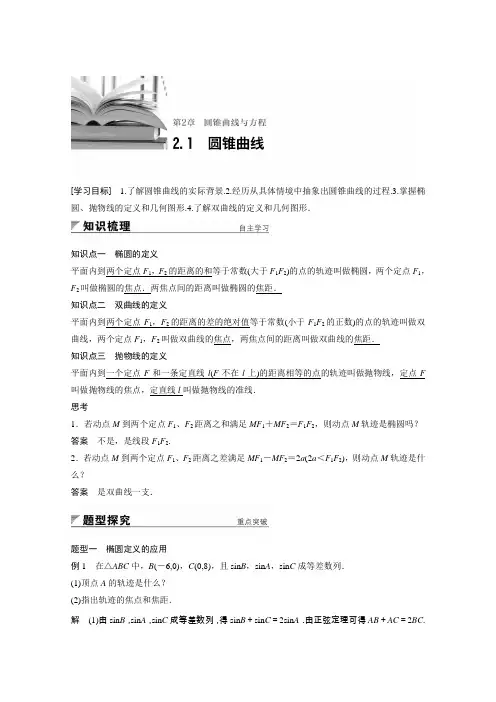 2018版高中数学苏教版选修2-1学案：第二章 圆锥曲线与方程 2.1 圆锥曲线 Word版含答案