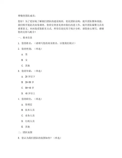 队伍建设调查问卷模板范文