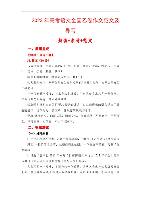 2024年高考语文作文一轮综合备考《高考语文全国乙卷作文范文及导写》