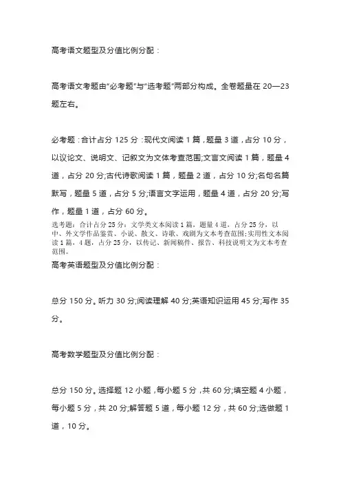 高考考点分值分布表