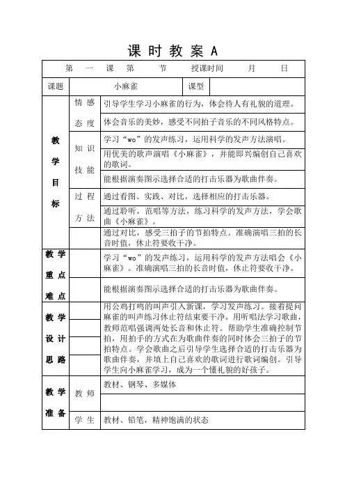 二年级上册音乐教案-1 《小麻雀》 ︳人音版 (五线谱)  (1)