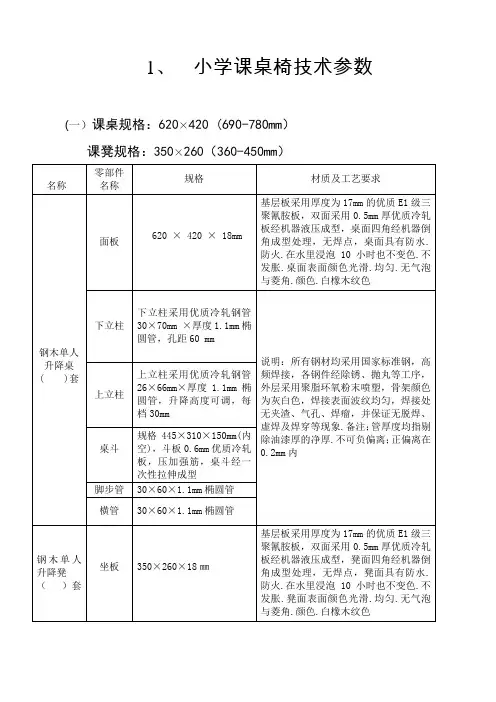 小学课桌椅技术参数