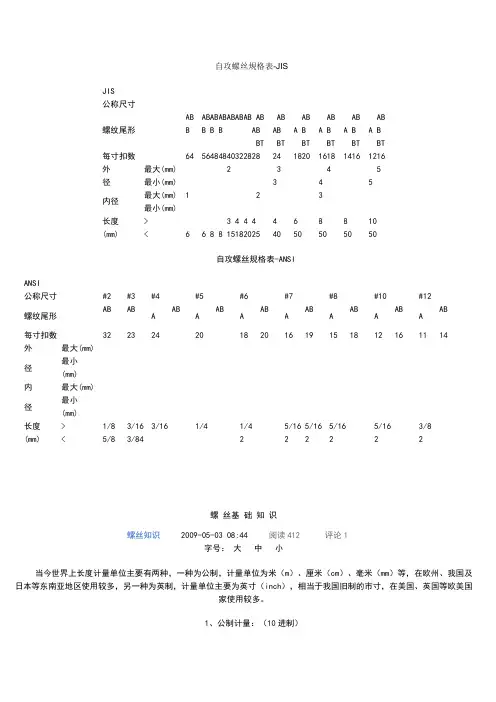 自攻螺丝规格表