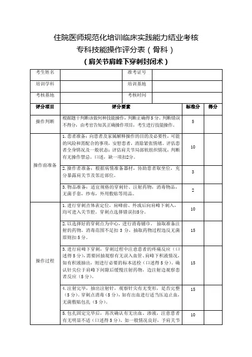 住院医师规范化培训临床实践能力结业考核专科技能操作评分表(骨科)肩关节肩峰下穿刺封闭术