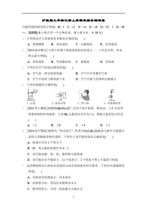沪教版九年级化学上册期末综合测试卷含答案