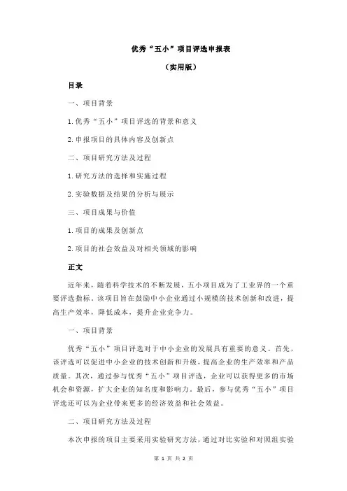 优秀“五小”项目评选申报表