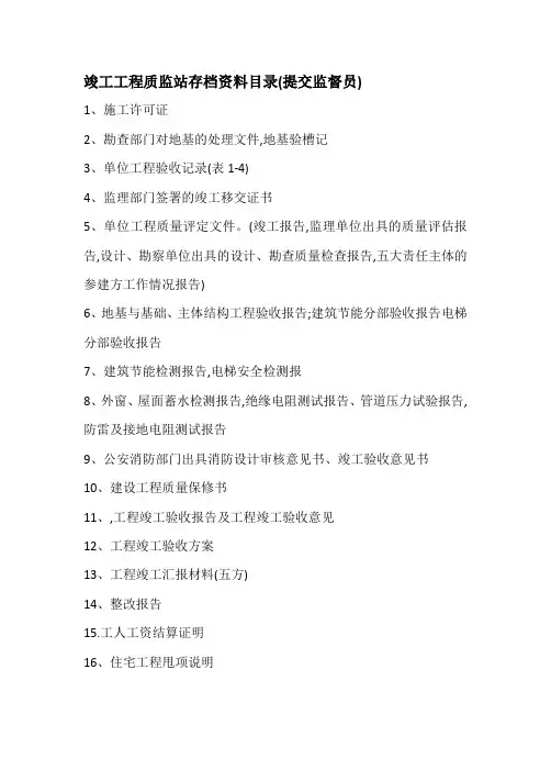 竣工工程质监站存档资料目录