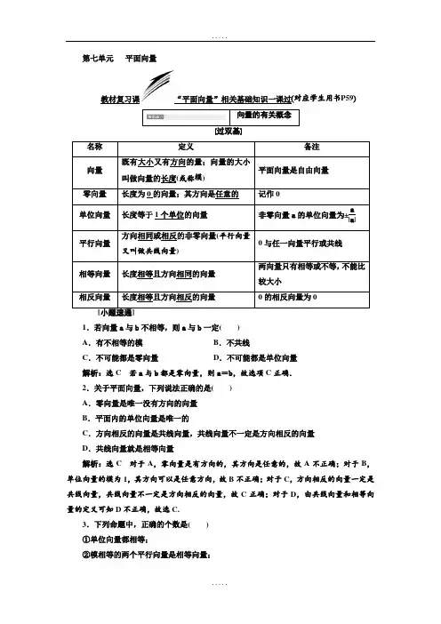 2019年精选高考数学(理科)一轮复习通用版：第七单元   平面向量