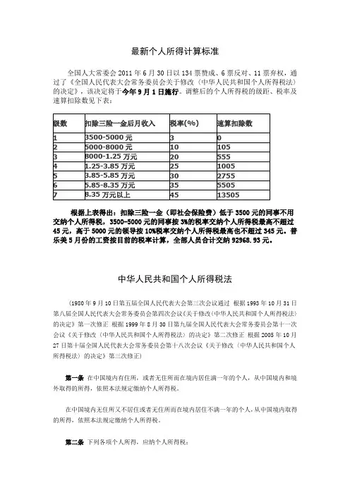 最新个人所得税计算标准(2011年)