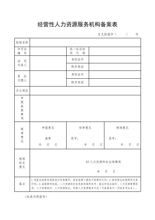 经营性人力资源服务机构备案表