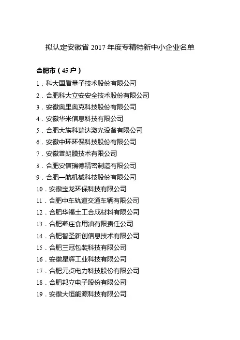 拟认定安徽省2017年度专精特新中小企业名单