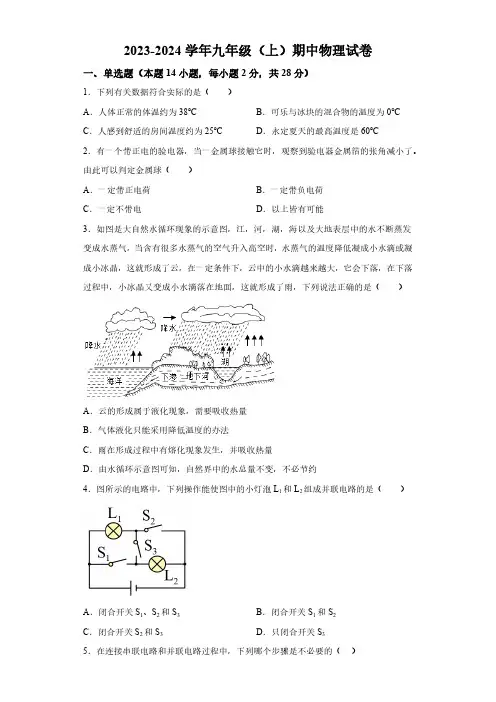 福建省福州市闽侯县2023-2024学年九年级上学期期中物理试题(含解析)