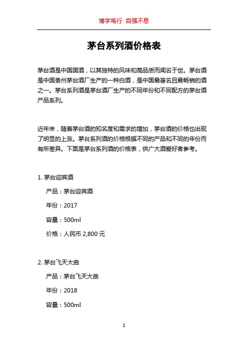 茅台系列酒价格表