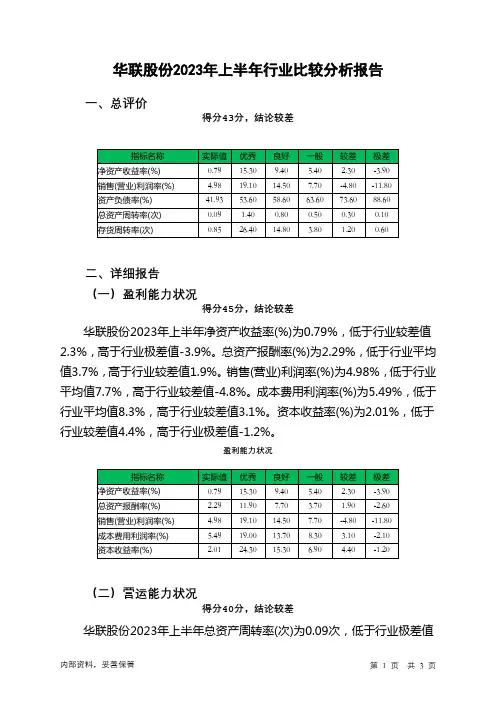 000882华联股份2023年上半年行业比较分析报告