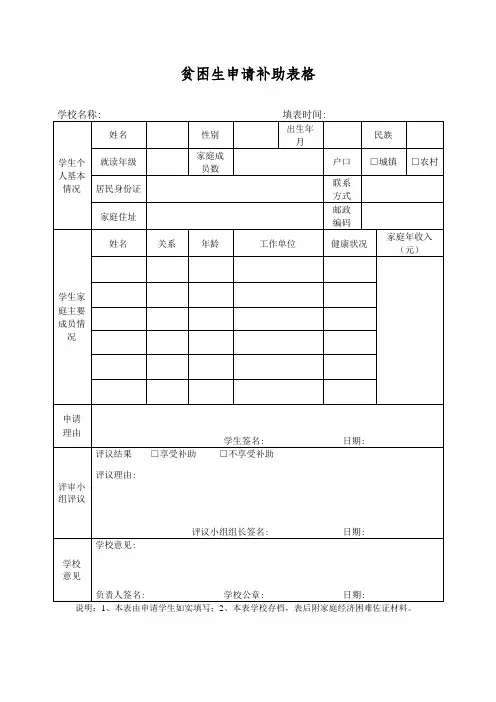 贫困生申请补助表格