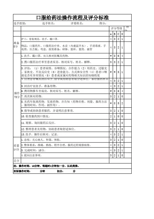 口服给药操作流程及评分标准(示范)