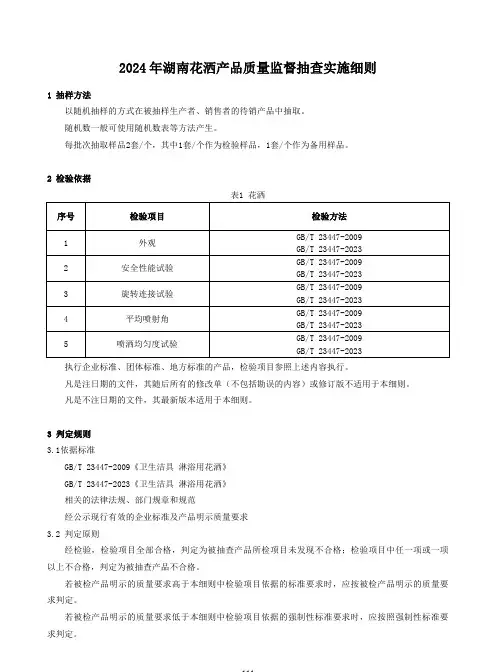 2024年湖南花洒产品质量监督抽查实施细则