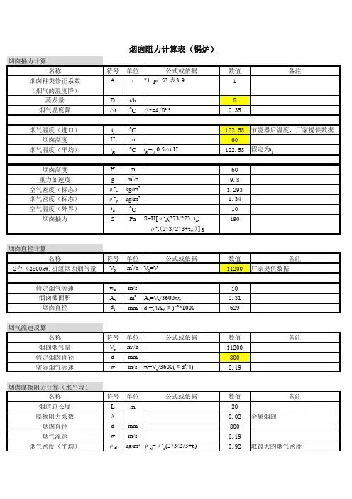 锅炉、柴发烟囱阻力计算表