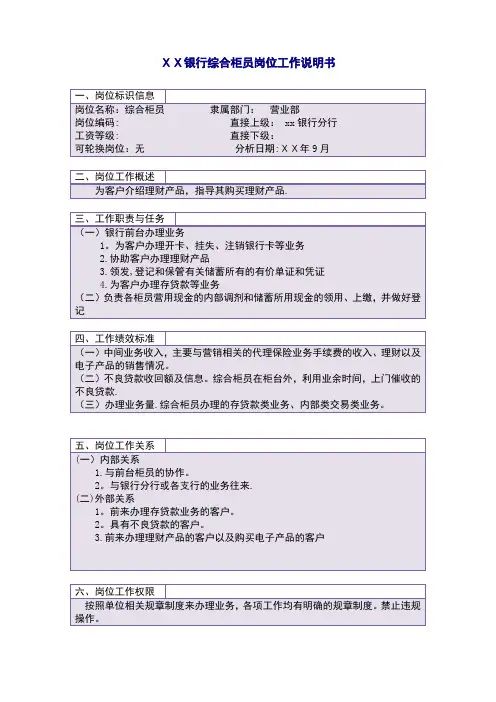 银行综合柜员岗位工作说明书