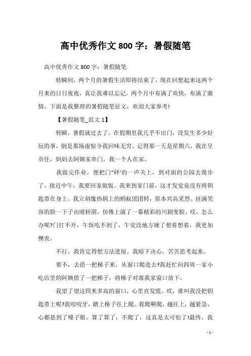 高中优秀作文800字：暑假随笔