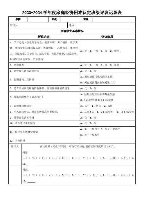 2023-2024学年度家庭经济困难认定班级评议记录表