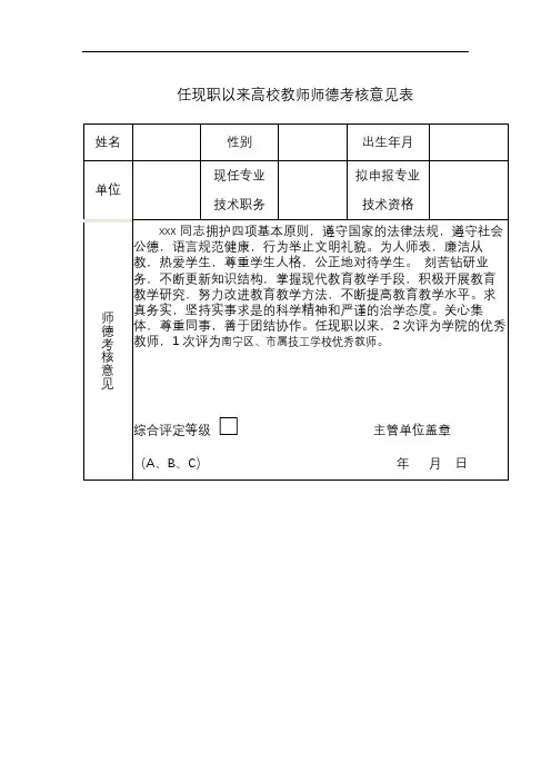 任现职以来高校教师师德考核意见表【模板】