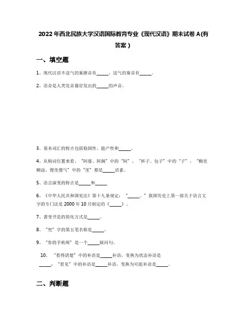 2022年西北民族大学汉语国际教育专业《现代汉语》期末试卷A(有答案)