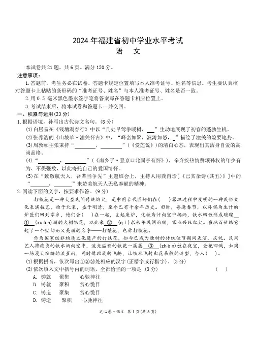 2024年福建省初中学业水平考试语文试卷(定心卷)