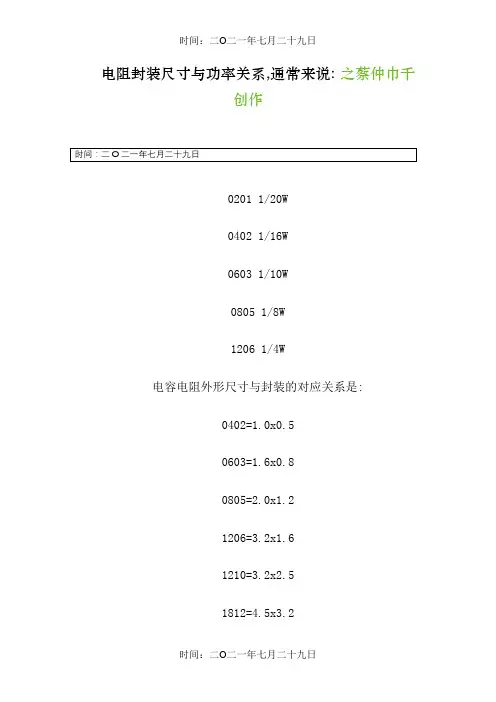 贴片电阻功率与尺寸对照表-电阻尺寸功率对照表