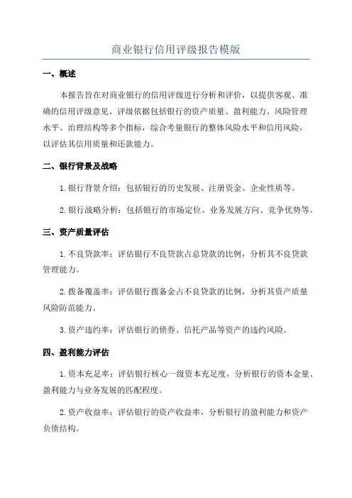 商业银行信用评级报告模版