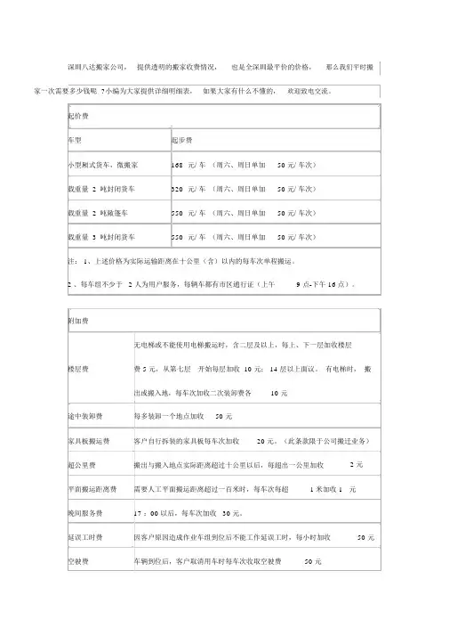 深圳搬家公司收费标准表