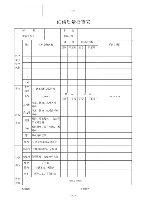 汽车维修质量检查表1
