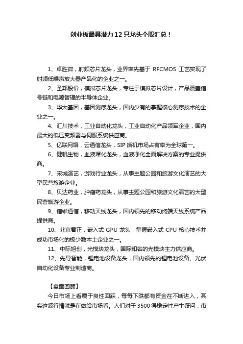 创业板最具潜力12只龙头个股汇总！