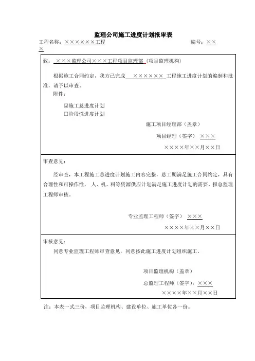 监理公司施工进度计划报审表