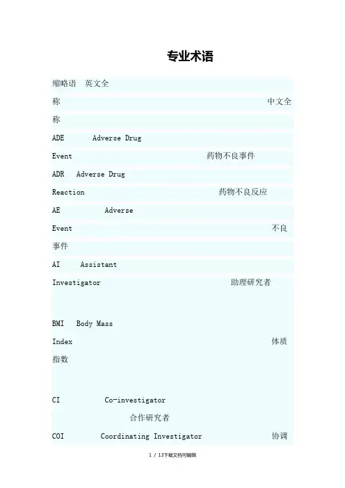 临床试验常用的英文缩写